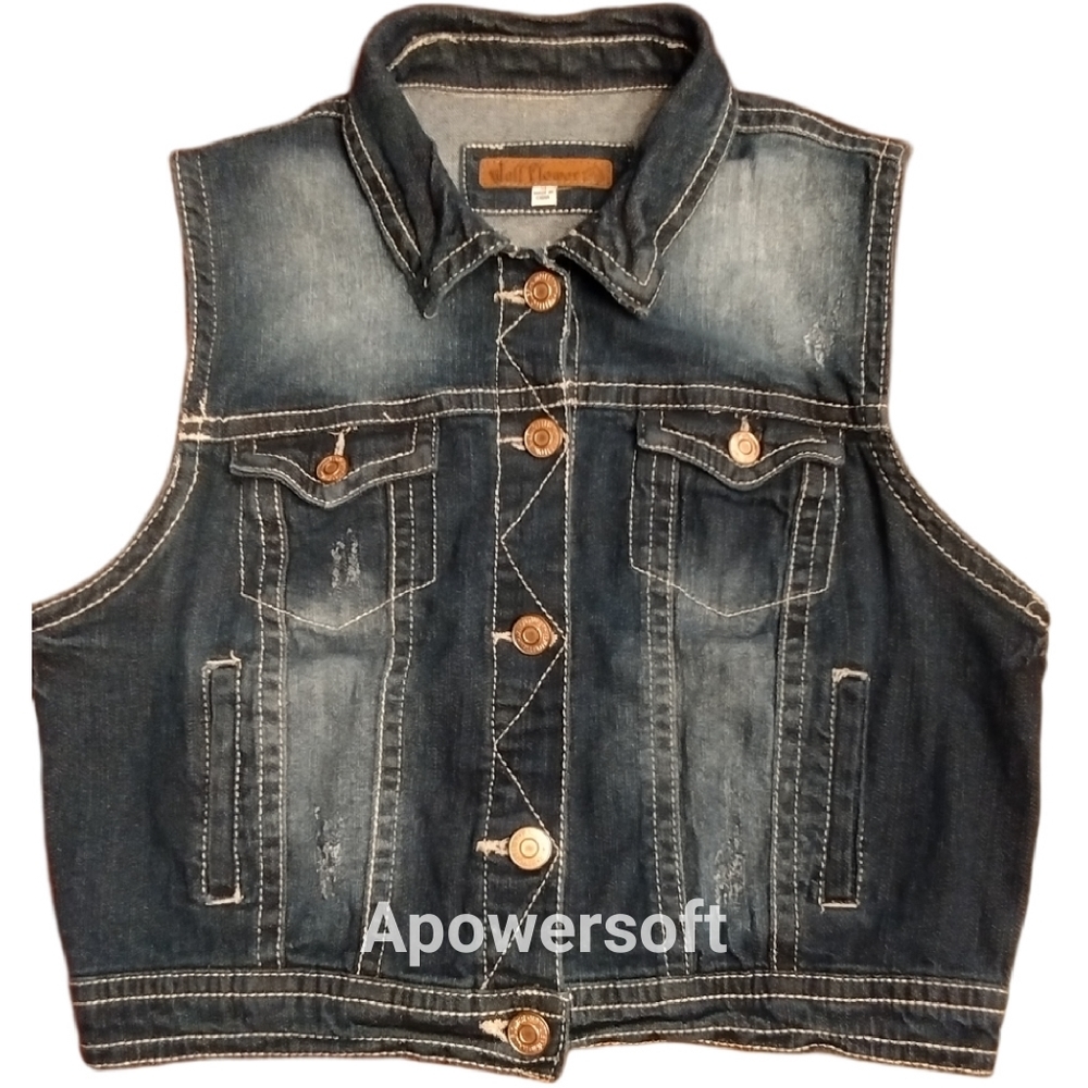 Wallflower Juniors Size XL Distressed Denim Vest, Dark wash denim blue - Picture 1 of 7